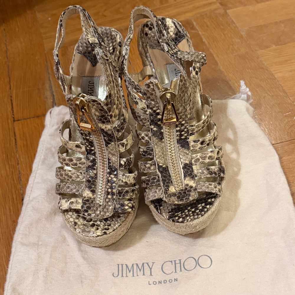 Jimmy Choo Snake Print Sandals with Gold Zipper size 37